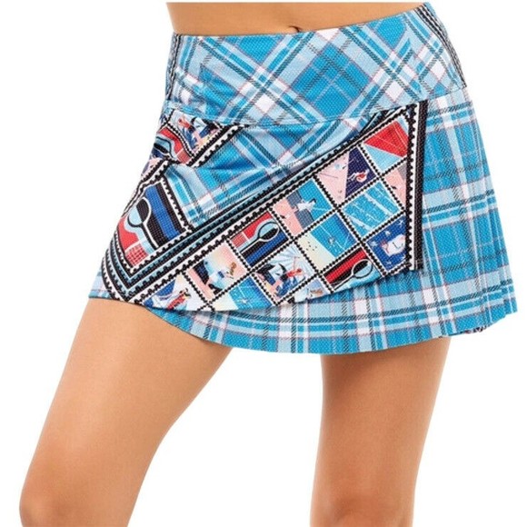 Lucky In Love Womens Skort Tennis Pickleball Size M 8-10 Blue Plaid NEW WITH TAG